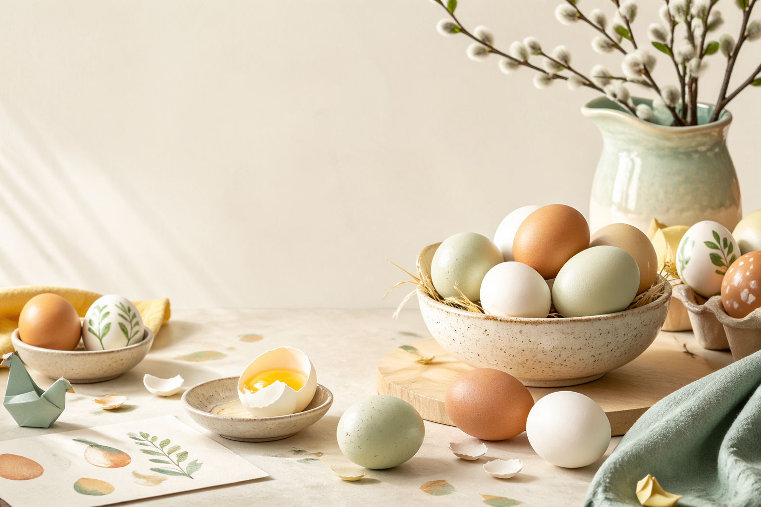 A refined, playful egg-themed still life with ceramics, shells and bright styling.